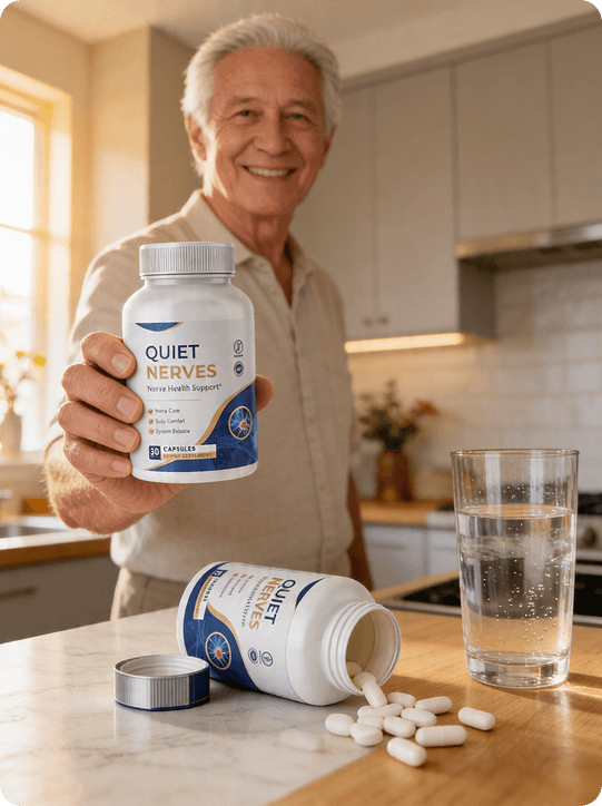 Customer holding a Quiet Nerves supplement bottle